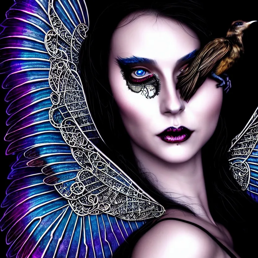 Image similar to close up portrait on the enchanting femenine witch, hyper attractive, seductive, very complex, hyper-maximalist, overdetailed, legendary cinematic, darkfantasy, archetype with timeless beauty breathtaking eyes & glowing wings, collossal moon rising behind her with bird shadows, highly intricate, digital art, very elegant, HDR 8K, biblical art, realism, incomprehensible yet perspicious detail, unbeatable quality, silent hill aesthetic, photorealistic, lifelike, DSLR 8k, unbeatable coherency, Omnious intricate, octane render, created Nixeu & z--ed from deviantart