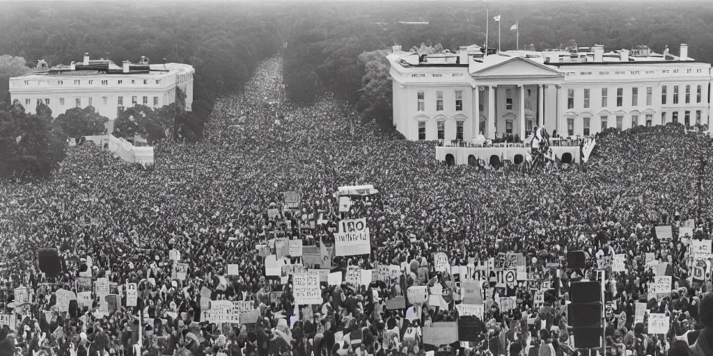 Prompt: a crowd of 6 0, 0 0 0 protesting around the white house, bird's eye view, polaroid, 6 0's, hyperrealism, no blur, 4 k resolution, ultra detailed