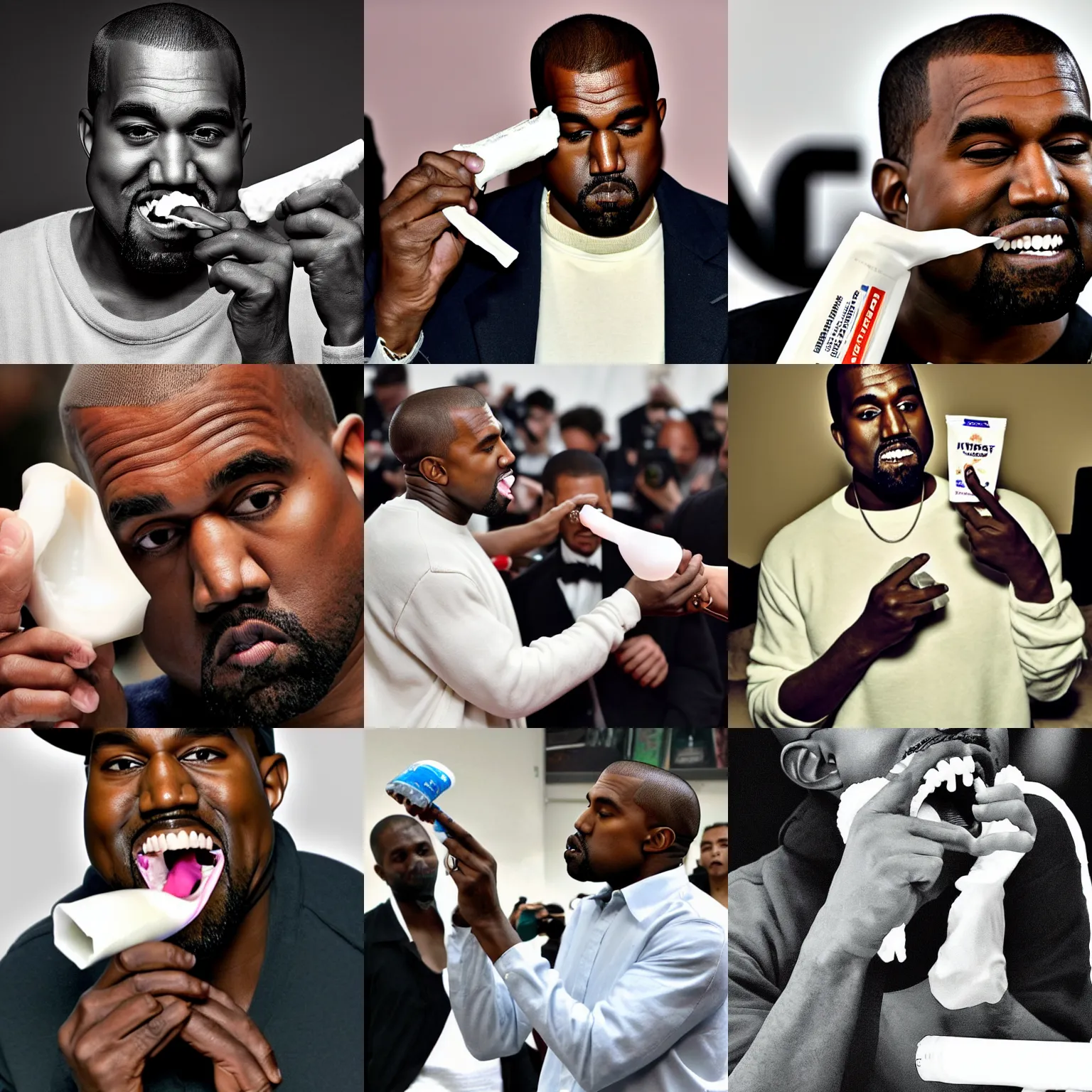 Prompt: kanye west squeezing a tube of toothpaste into his mouth