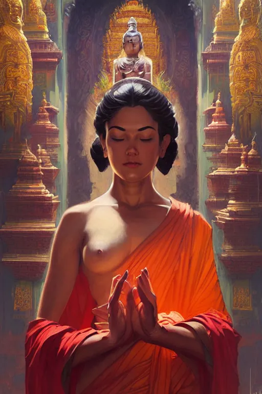 Image similar to temple, buddhism, painting by greg rutkowski, j. c. leyendecker, artgerm