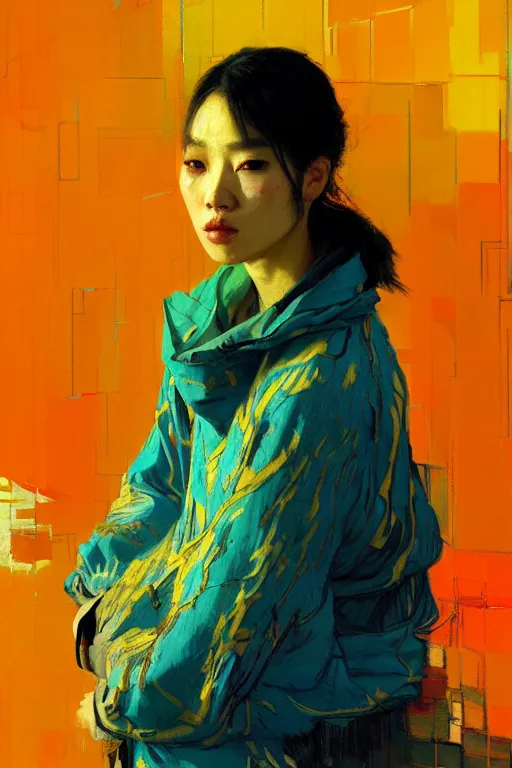 Prompt: portrait of a beautiful asian female, complementary colors, beautiful face, rule of thirds, intricate outfit, spotlight, by greg rutkowski, by jeremy mann, by francoise nielly, by van gogh, digital painting