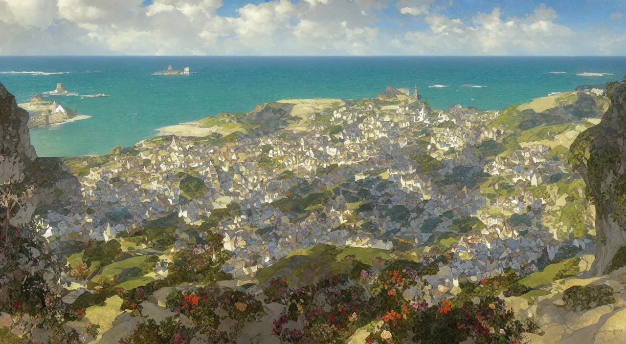 Image similar to A beautiful landscape painting of a small cornish village by the sea and cliffs by Alfons Maria Mucha and Julie Dillon and Makoto Shinkai