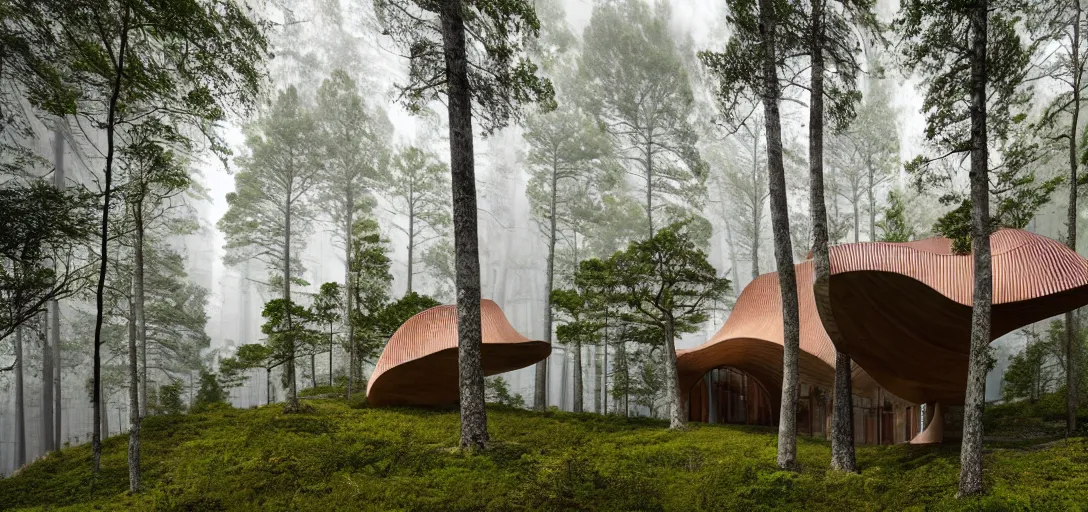 Prompt: curved roof planes lift and descend creating shade and architectural expression, highly detailed, situated in the forest, next to a fjord, marble, vivid color, high resolution photography, mist, luxury