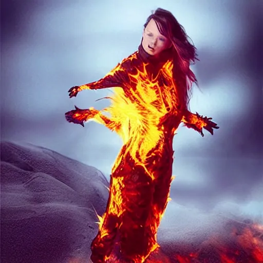 Prompt: a woman, on fire, sci - fi, giant, photoshop, creative and cool, photo manipulation