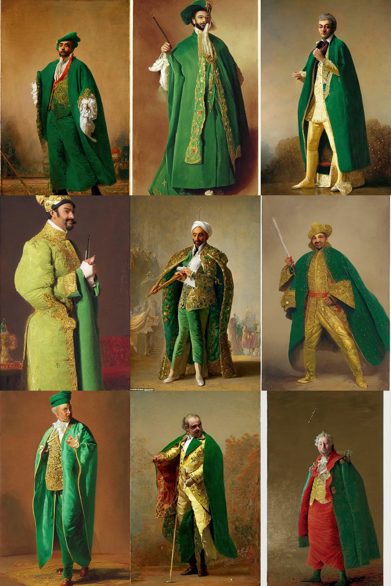Prompt: sultan with an emerald cape, stars, sincere, modern maximalist suit, is ( ( holding a cane ) ). light dust, magnificent, hyperdetailed, theatrical, painted by jean honore fragonard and greg rutkowski and joseph christian leyendecker
