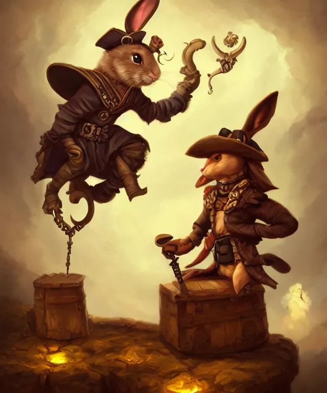 Image similar to anthropomorphic rabbit pirate, pirate outfit, standing on a treasure chest, standing in a beautiful landscape, cute and adorable, dnd character art portrait, matte fantasy painting, deviantart artstation, by jason felix by steve argyle by tyler jacobson by peter mohrbacher, cinematic lighting