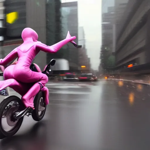 Prompt: hyper realistic, photo, humanoid pink female Squid girl, popping wheelie on motorcycle fast in the rainy city traffic