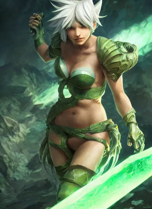 Prompt: riven from league of legends, au naturel, throwing a green sword, hyper detailed, digital art, trending in artstation, cinematic lighting, studio quality, smooth render, unreal engine 5 rendered, octane rendered, art style by klimt and nixeu and ian sprigger and wlop and krenz cushart