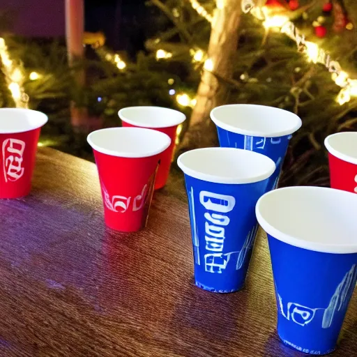 Prompt: web conference meeting with accenture and solo cups and beer pong and christmas lights