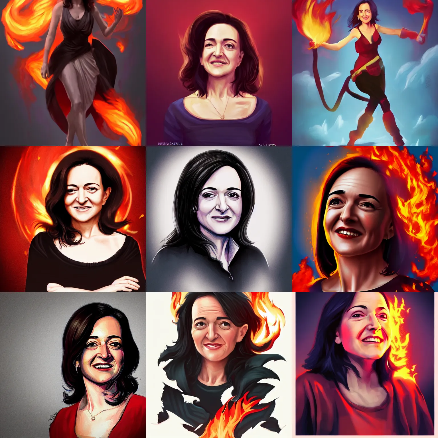 Prompt: sheryl sandberg, the fire demon, trending on artstation