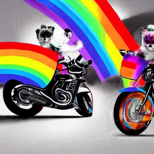 Image similar to wide angle full body, jacket wearing fluffy cute rainbow kitten wearing a black leather motorcycle jacket, cinematic concept art