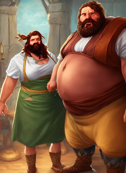 Image similar to an epic fantasy comic book style portrait painting of a hearty man with a big belly and thick beard and large woman who are a couple in a tavern with them both wearing aprons, unreal 5, daz, hyperrealistic, octane render, cosplay, rpg portrait, dynamic lighting