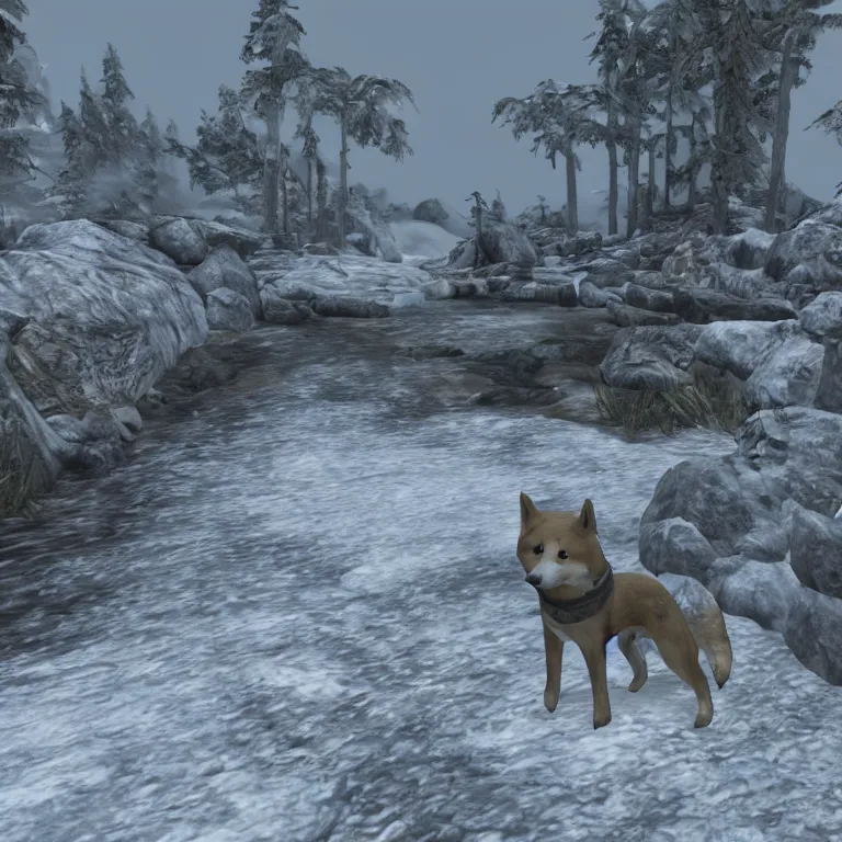 Image similar to a grey and rough hewn shiba inu statue placed beside a frozen stream, skyrim pc screenshot