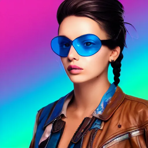 Image similar to closeup painting of a very beautiful young mexican cyberpunk woman with light blue shutter shades, one side haircut, long brown hair with light blue ends, purple leather jacket