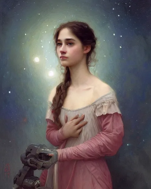 Image similar to a portrait painting of a shy, blushing 1 6 - year old princess resembling alicia vikander at night with a sky full of stars, intricate, elegant, highly detailed, artstation, concept art, by krenz cushart and artem demura and william adolph bouguereau and alphonse mucha