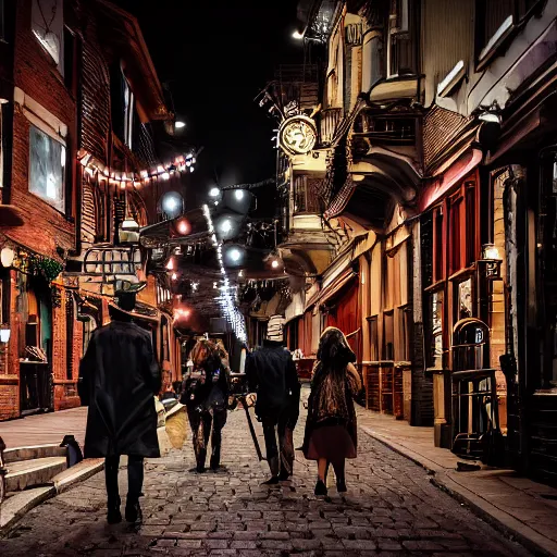 Image similar to a street level photo of a steampunk victorian city street, with people walking on the streets, at night, 4k, canon 5D