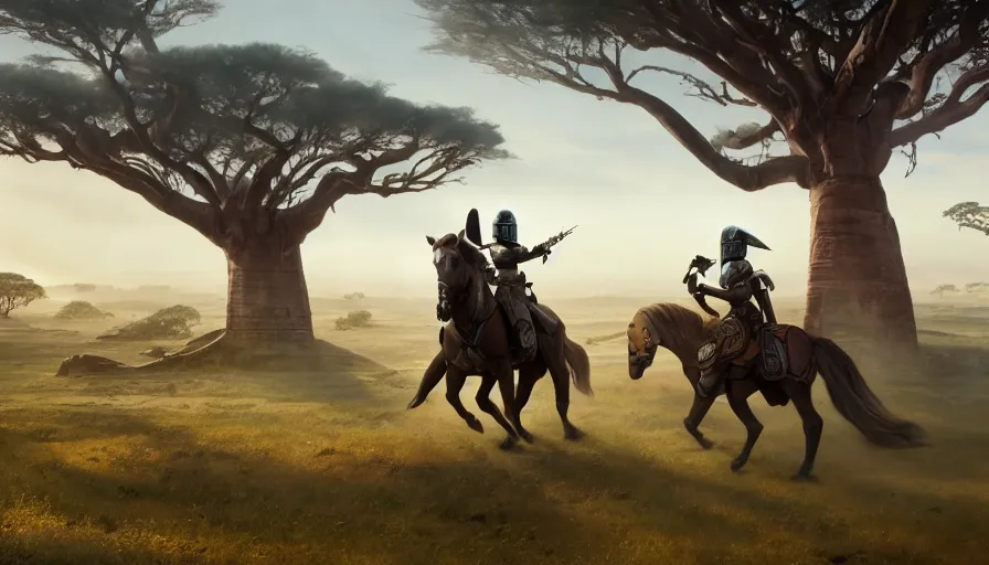 Prompt: mandalorian riding a horse alone, madagascar with baobabs trees in the background, action scene, an epic fantasy, artgerm and greg rutkowski and alphonse mucha, an epic fantasy, volumetric light, detailed, establishing shot, cinematic, photorealistic, hyper detailed, ultra realistic, trending on art station, octane render, midsommar