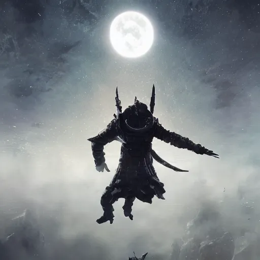 Prompt: falling off the moon by Greg Rutkowski, Sung Choi, Mitchell Mohrhauser, Maciej Kuciara, Johnson Ting, Maxim Verehin, Peter Konig, Bloodborne, macro lens, 35mm, 8k photorealistic, cinematic lighting, HD, high details, atmospheric