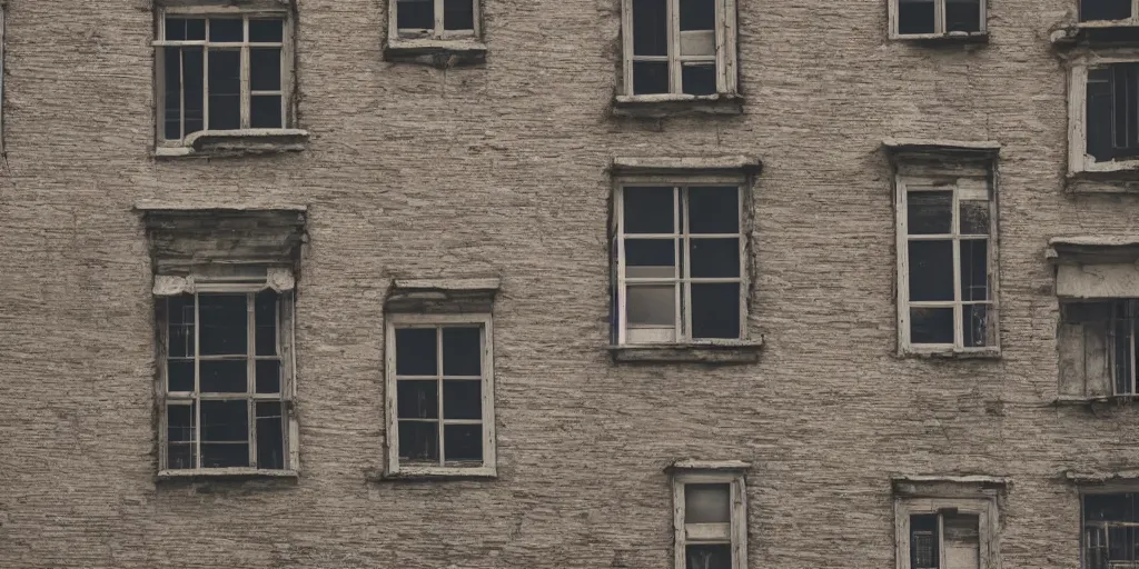 Prompt: Texture of old building, many windows, view from front