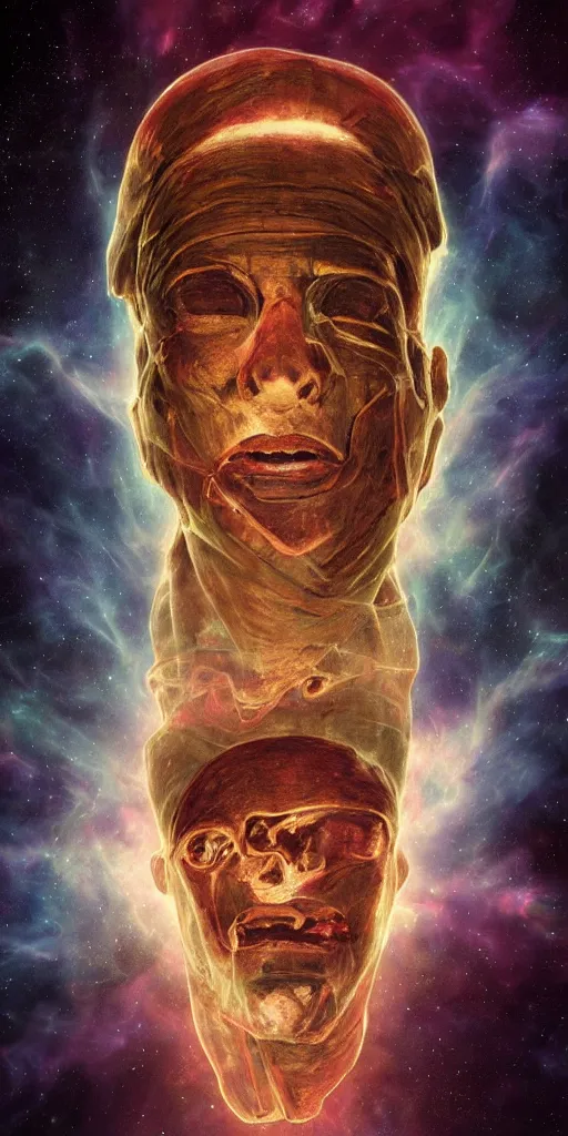 Image similar to intense glowing egyptian mummy god with ancient bandages and intense black eyes with a skull in very dark cosmic nebula by artgerm and beksinski and alphonse mucha, portrait, centered, symmetrical, clear, light beams, lens flare, intense, pharoah, uhd, amazing depth, cinematic lighting, black and purple and shining gold