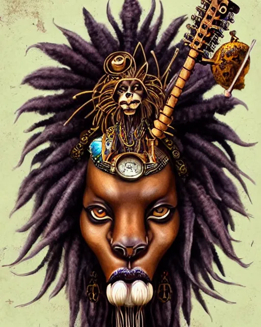 Image similar to lion headed voodoo priestess with steampunk guitar and dank spliff. smug boss face. wild eyes. noble bearing. award winning ornate symmetry matte portrait, artgerm, rhads watercolor, fierce sweet sad and lyrical