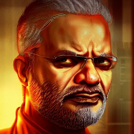 Image similar to portrait of angry Narendra Modi, dystopian, dirty, cyberpunk, volumetric lighting, cgsociety