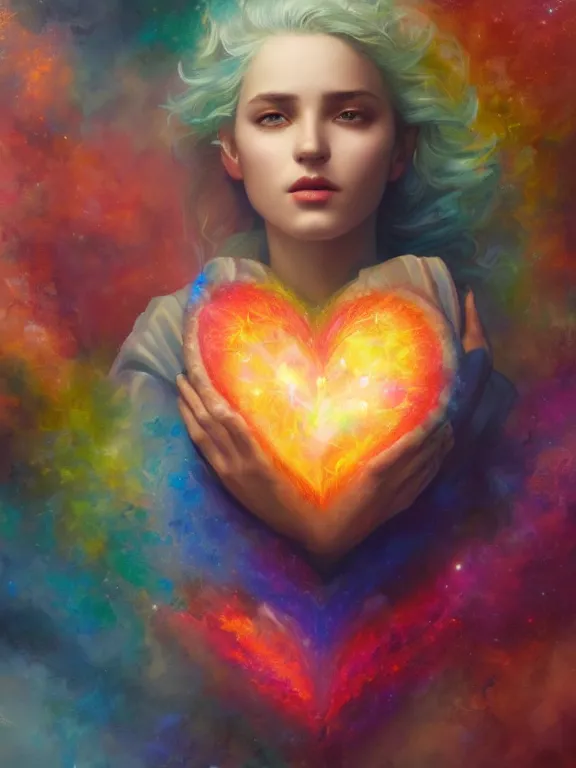 Image similar to a ultradetailed beautiful matte painting of the prismatic heart absorbing the wonderful colors of the emotion around it, oil painting, high resolution 4 k, by tom bagshaw, greg rutkowski, charli bowater and artgeem