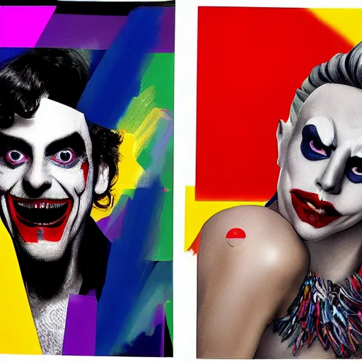Image similar to richard hamilton and mimmo rottela as lady gaga harley queen and joaquin phoenix joker kissing, pop art, medium long shot, 2 color, random content position, object hyper detailed, photorealistic, dynamic composition, 4 k, ultra realistic art, smooth, sharp focus, illustration, concept art, intricate details, h 7 6 8