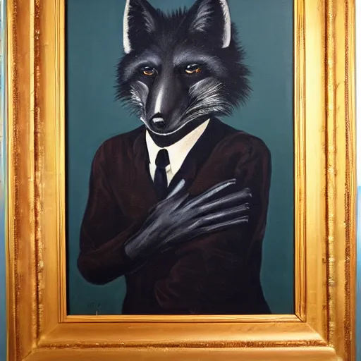 Image similar to portrait of a male anthro anthropomorphic black fox furry fursona with hands on eyes, wearing a suit, 1 9 7 0 s oil on canvas painting, by famous artist jylon denja