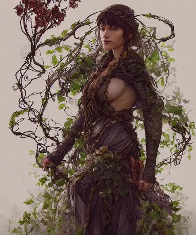Image similar to a woman druid wearing leaf and vine themed clothing, fully clothed, pet animal, D&D, fantasy, intricate, cinematic lighting, highly detailed, digital painting, artstation, concept art, smooth, sharp focus, illustration, art by Artgerm and Greg Rutkowski and Alphonse Mucha