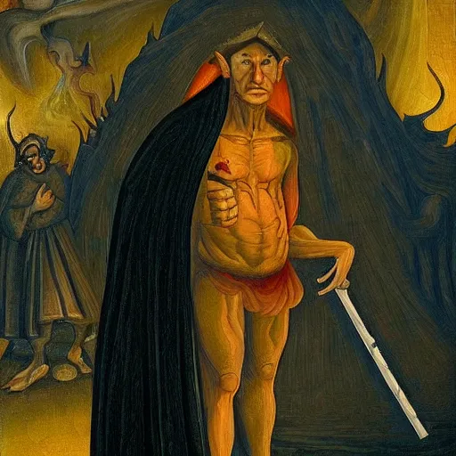 Image similar to nathan fielder walking around hell!!! holding a notepad, dante's inferno!!! medieval painting, oil painting