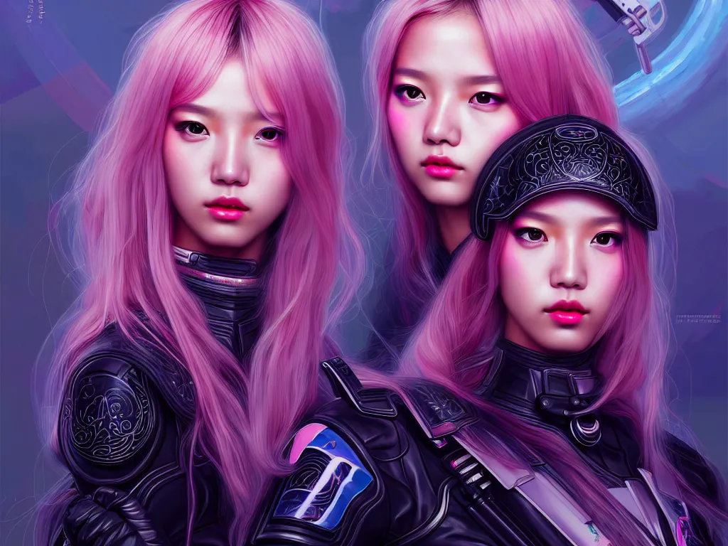 Prompt: portrait blackpink lisa, futuristic thiland police uniform female, at future neon light rooftop, ssci - fi and fantasy, intricate and very very beautiful and elegant, highly detailed, digital painting, artstation, concept art, smooth and sharp focus, illustration, art by tan zi and ayanamikodon and alphonse mucha and wlop