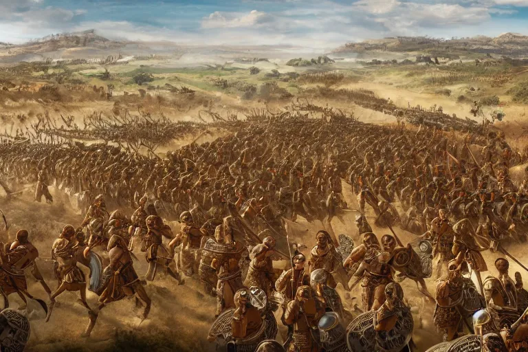 Image similar to Wide shot of epic distant battle of Cannae 216 BCE, with republic-era Roman soldiers in formations, Carthaginian phalanxes in formations, overlooking river Aufidius Italy, intricate, elegant, highly detailed, trending on Artstation, cgsociety
