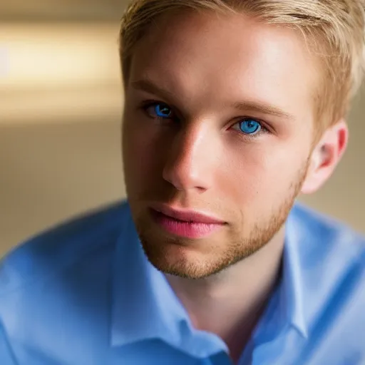 Image similar to angelic Blue eyed blond young man, corporate portait, headshot, profile