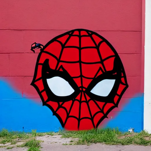 Prompt: graffiti art of spiderman wearing a latex mask of a pitbull dog