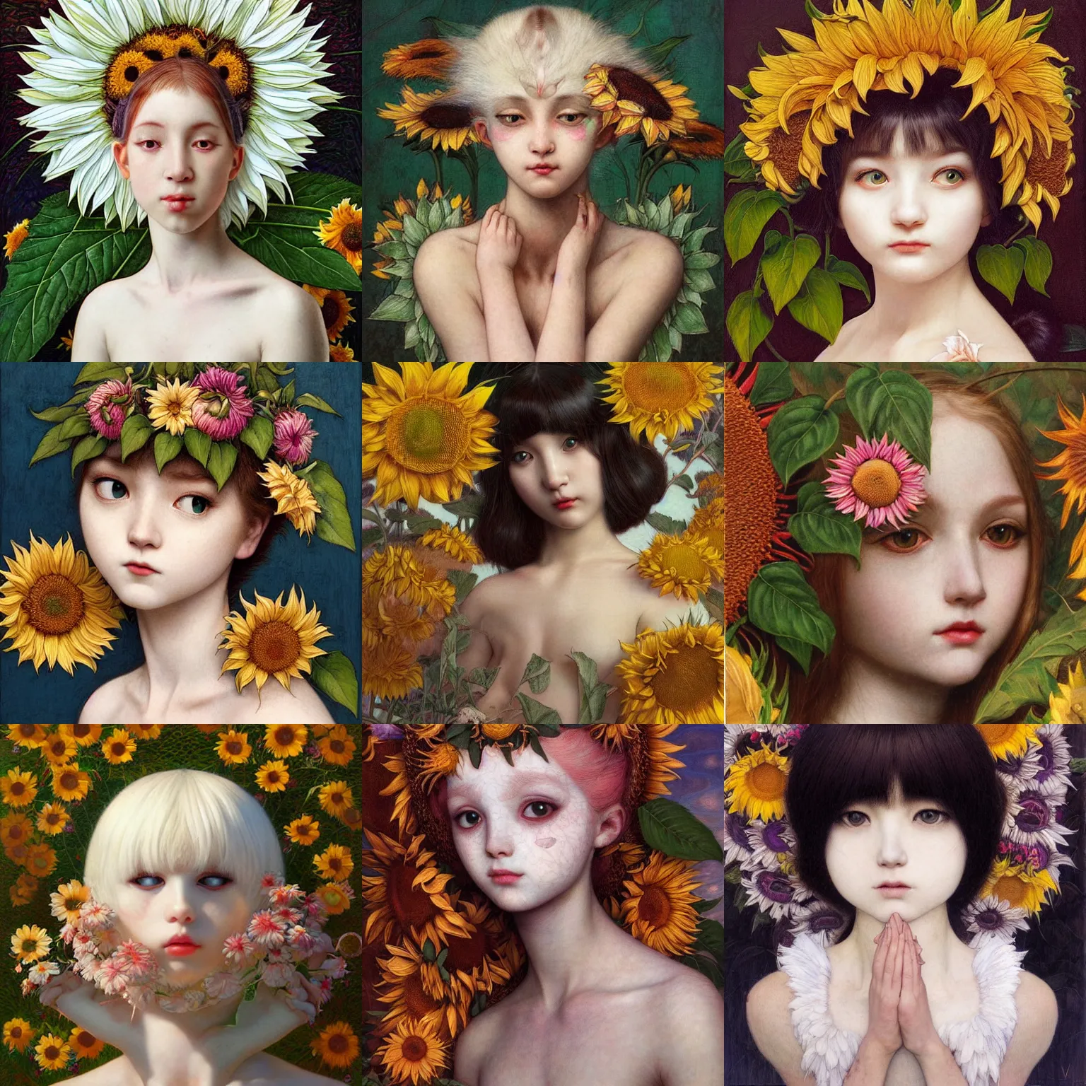 Image similar to white cat girl, botanical, sunflower, portrait face, colorful, frantisek kupka, intricate, miles johnston, kuroda seiki, cynical realism, ozabu, john william godward, painterly, yoshitaka amano, moebius, miles johnston, louise zhang, james jean, mark ryden lowbrow pop surrealism art style