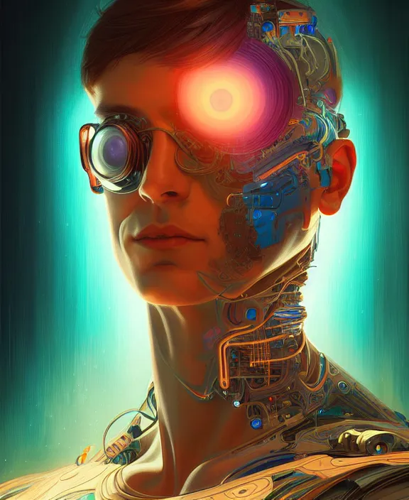 Image similar to a whirlwind inside the metaverse, guy, male, man, hologram, half body, neurochip, android, cyborg, cyberpunk face, by loish, d & d, fantasy, intricate, elegant, highly detailed, colorful, digital painting, artstation, concept art, art by artgerm and greg rutkowski and alphonse mucha