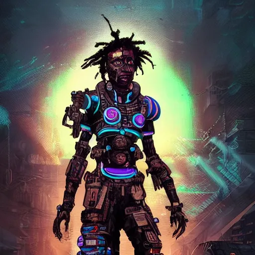 Prompt: a dark and ominous cyborg african child soldier with glowing eyes and dreadlocks, neon graffiti, Apex Legends character digital illustration portrait design, by android jones and greg rutkowski in a cyberpunk voodoo style, synthwave color scheme, detailed, cinematic lighting, wide angle action dynamic portrait