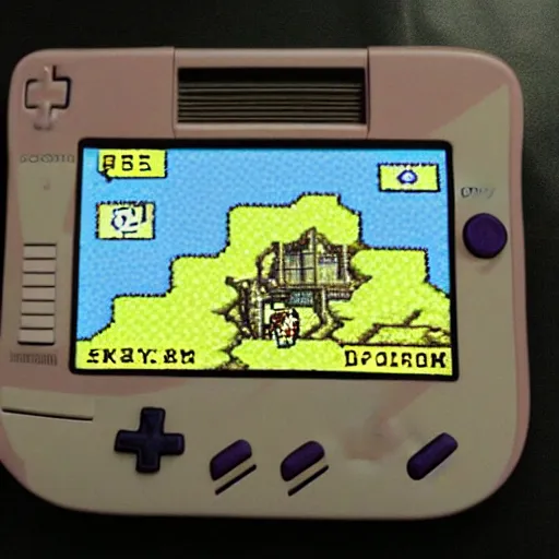 Prompt: Skyrim as a Gameboy color game, displayed on an old Gameboy