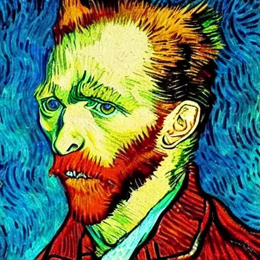 Image similar to retard wolf, van gogh, vivid colors, portrait paintin,