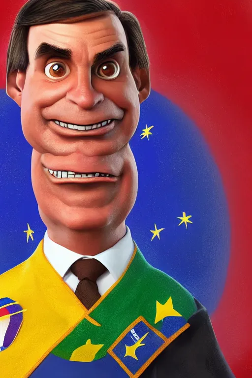 Prompt: The Brazilian president Bolsonaro as a cute pixar character, vivid colors, high details, cinematic, 8k resolution, beautiful detailed, photorealistic, digital painting, artstation, concept art, smooth, sharp focus, illustration, fantasy background, artstation trending, octane render, unreal engine