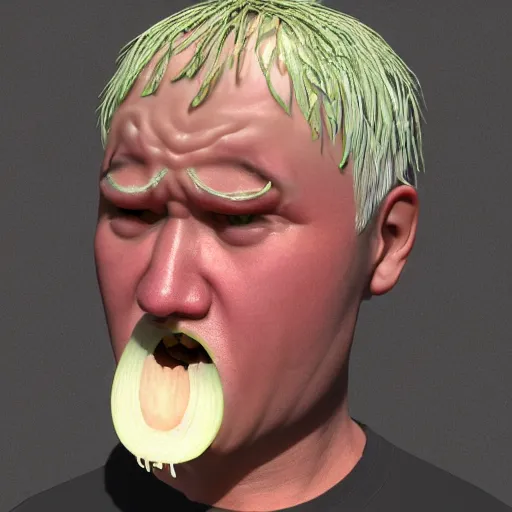 Image similar to man with onion face crying big drops visible tears 3 d render