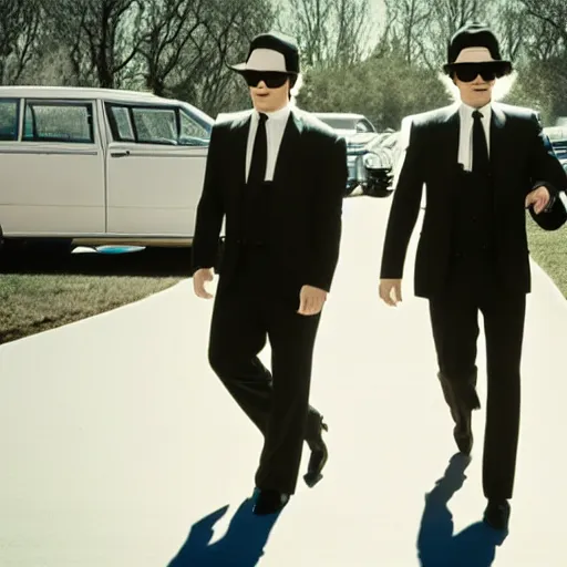 Image similar to blues brothers walking towards camera with white background. wearing suits. strong shadows. high contrast. serious look. carrying a pistol