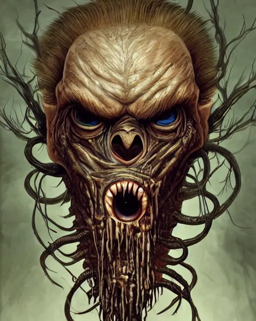 Image similar to Dark fantasy Painting of a hulking muscular EXTRATERRESTRIAL flesh creature with big bulging eyes, white milky eyeballs, skin covered in boils with fish eyes with drool dripping from its mouth, hr giger muscles, straw-like beard growing from face, disgusting, creepy, unsettling, horror, upper body, intricate, wild, highly detailed, digital painting, artstation, concept art, smooth, sharp focus, illustration, art by artgerm and greg rutkowski and alphonse mucha