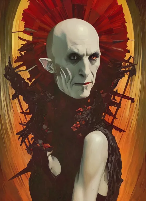 Image similar to symmetry! portrait of nosferatu, red spike aura in motion, floating pieces, painted art by tsuyoshi nagano, greg rutkowski, artgerm, alphonse mucha, spike painting