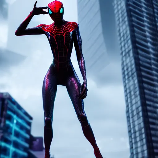 Image similar to futuristic spiderwoman ,highly detailed, 4k, HDR, award-winning, artstation, octane render