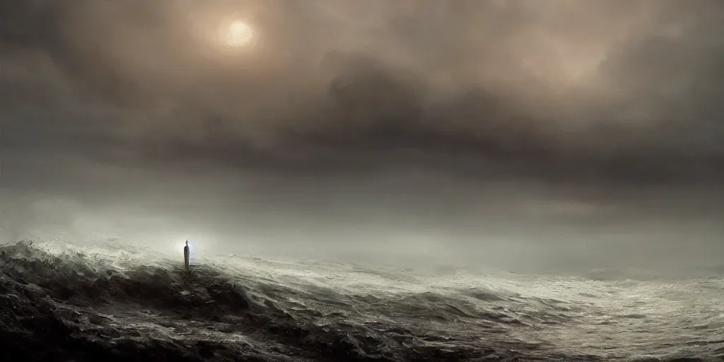 Prompt: cthulhu rising out of the ocean, hyper realistic oil painting, dark, moody cinematic lighting, creepy, fog, storm clouds, by greg rutkowski, trending on artstation
