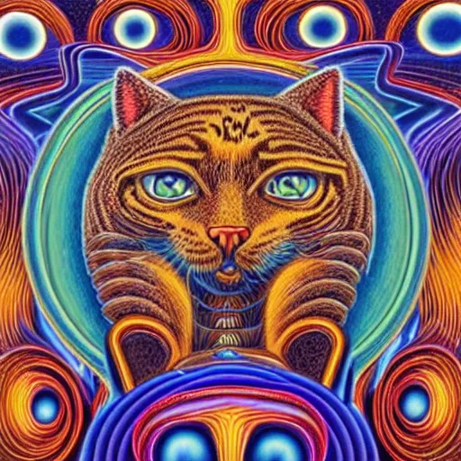 Image similar to cat having an ego trip, by alex grey