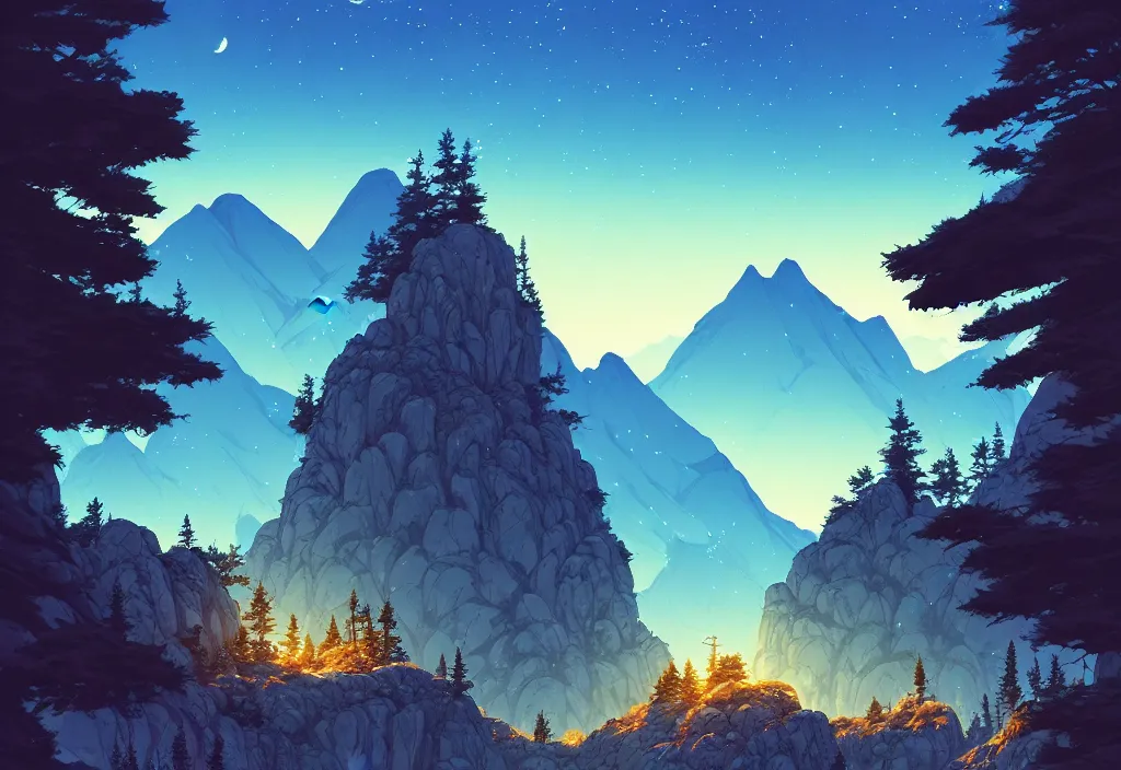 Image similar to mountains background with pines at night, rocks, trees, castle, night sky, intricate oil painting, high detail illustration, sharp high detail, manga and anime 1 9 9 9, official fanart behance hd artstation by jesper ejsing and makoto shinkai, 4 k,