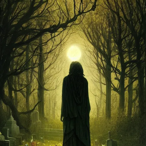 Image similar to The last spirit living in the cemetery, flowers, illustrated by Greg Rutkowski and Caspar David Friedrich